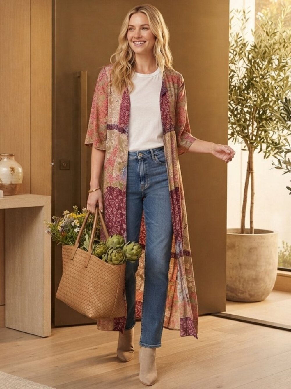 MAYDEN Los Angeles Boho Floral Patchwork Long Duster Kimono Vest Size Small